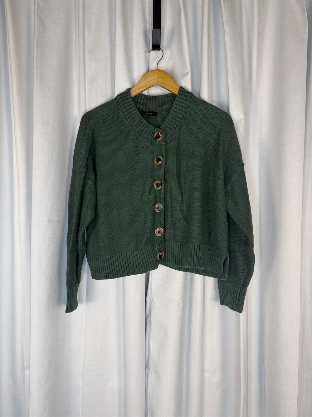 Quince Forest Green Button-Front Cropped Cardigan